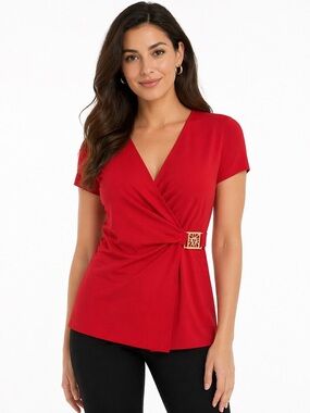 ANNE KLEIN Red Wrap Top XS NWT Gold Buckle Stretch Knit Blouse Career Classic
